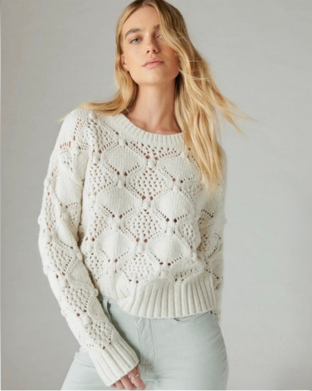 Lucky Brand Ivory Diamond Open Knit Bobble Chunky Crewneck Sweater White Sz XL